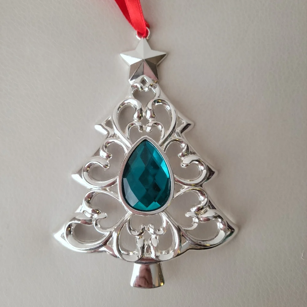 Lenox Silver-tone Christmas Tree Ornament ~ Teal Embellishment ~ GUC ~ Pretty!
